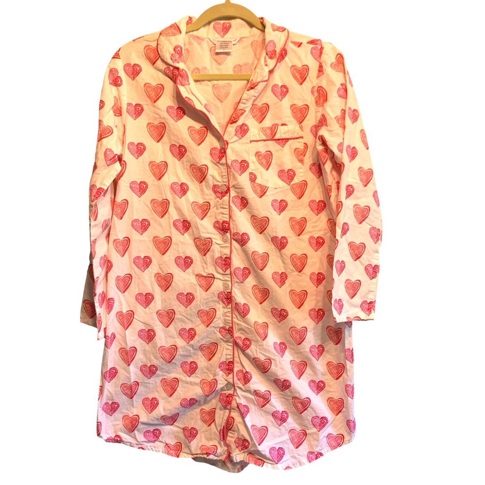 The Company Store Heart Print Cotton Nightshirt Small Red White classic comfy